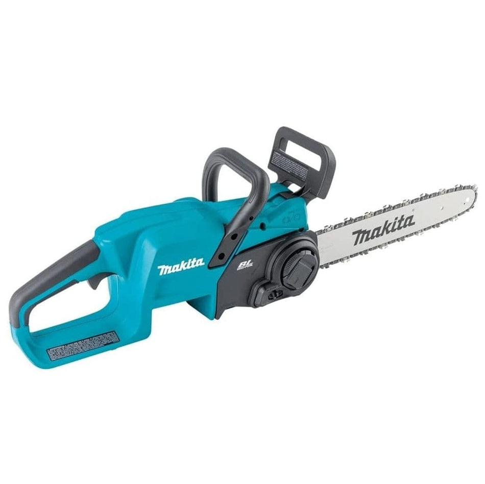 Studio shot of the Makita 18V LXT brushless cordless 14-inch chain saw featuring a teal body, rear handle design, and white guide bar.