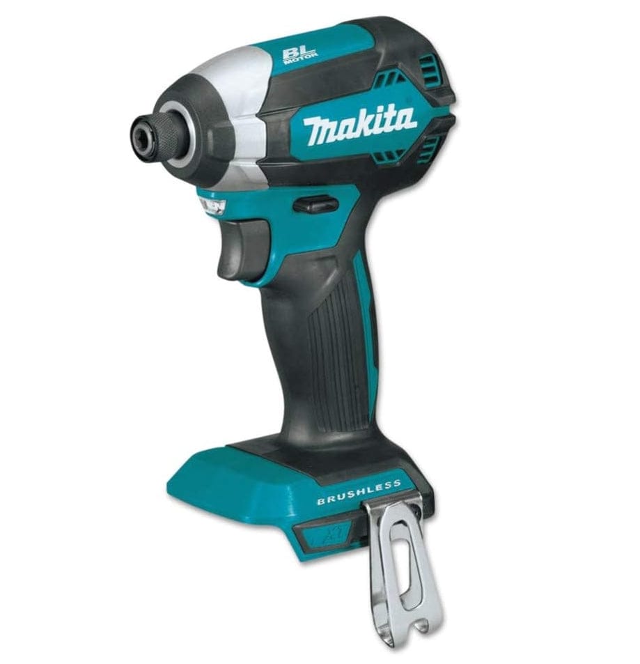 Studio view of the Makita XDT13Z 18V LXT brushless cordless impact driver with a black belt hook, showing the teal housing and rubberized grip.