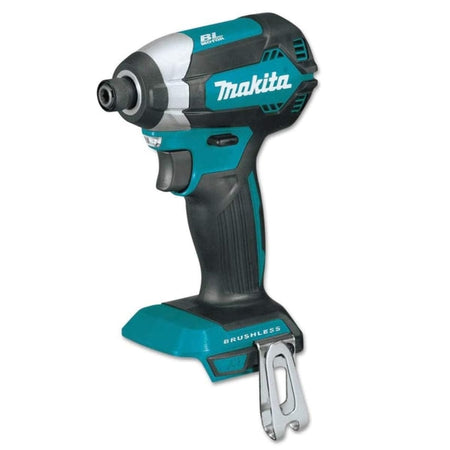 Studio view of the Makita XDT13Z 18V LXT brushless cordless impact driver with a black belt hook, showing the teal housing and rubberized grip.