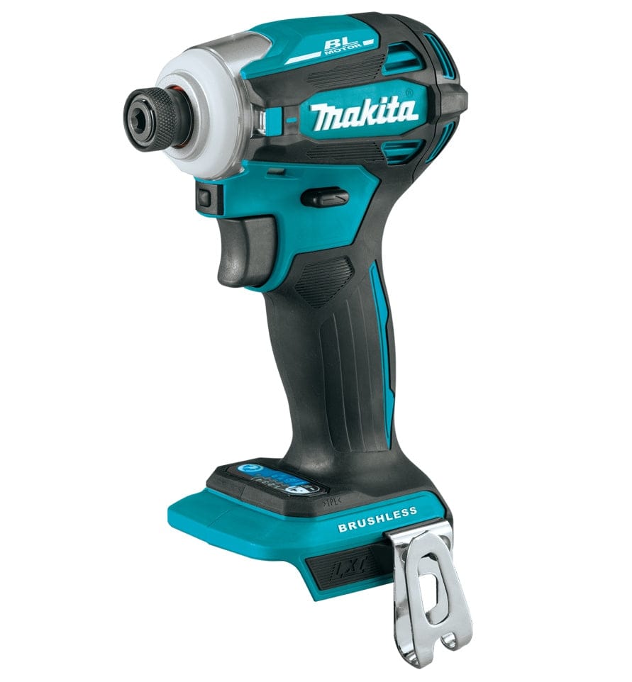 A profile view of the Makita XDT19Z 18V LXT brushless cordless 4-speed impact driver featuring a compact teal and black ergonomic design, a 1/4 inch hex chuck, and a heavy-duty belt clip.