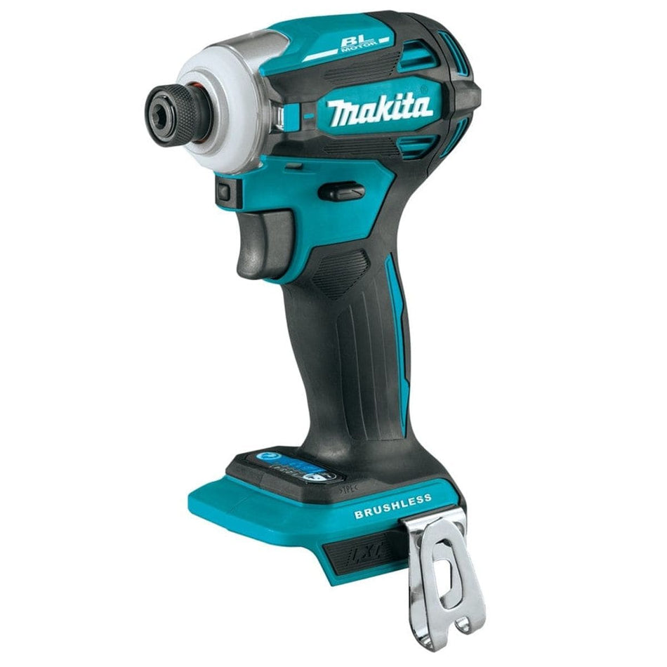 A profile view of the Makita XDT19Z 18V LXT brushless cordless 4-speed impact driver featuring a compact teal and black ergonomic design, a 1/4 inch hex chuck, and a heavy-duty belt clip.
