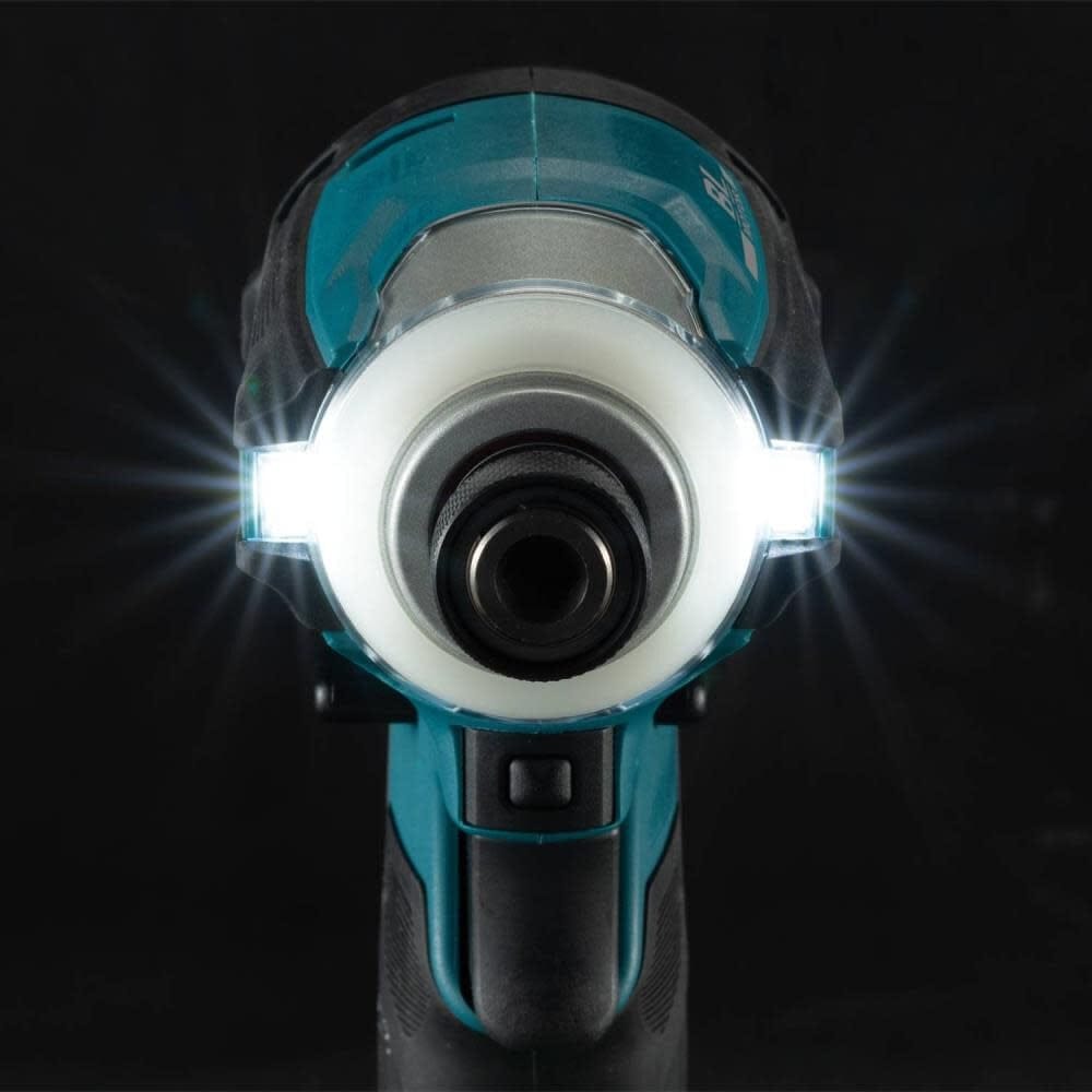 A front-facing view of the Makita XDT19Z impact driver highlighting the dual built-in L.E.D. lights on both sides of the chuck designed to illuminate a large work area and eliminate shadows.