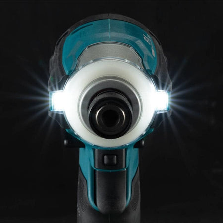 A front-facing view of the Makita XDT19Z impact driver highlighting the dual built-in L.E.D. lights on both sides of the chuck designed to illuminate a large work area and eliminate shadows.