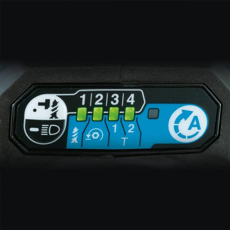 A close-up view of the digital control panel on the Makita XDT19Z showcasing the one-touch 4-speed power selection, Assist Mode, and two tightening modes for precise fastening control.