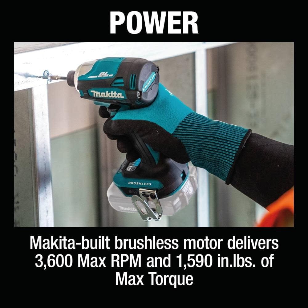 An action photo of a professional using the Makita XDT19Z brushless impact driver to fasten a screw into a metal stud, demonstrating its 3,600 Max RPM and industrial power.