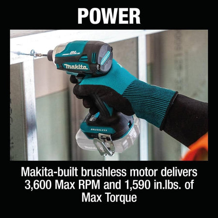 An action photo of a professional using the Makita XDT19Z brushless impact driver to fasten a screw into a metal stud, demonstrating its 3,600 Max RPM and industrial power.