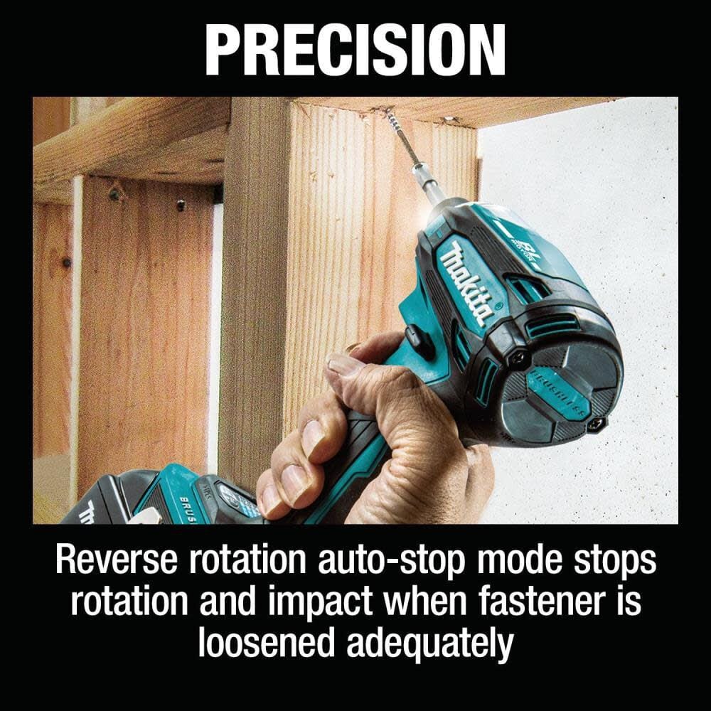 An application shot showing the Makita XDT19Z impact driver being used for precision woodworking, highlighting the reverse rotation auto-stop mode that prevents over-loosening of fasteners.