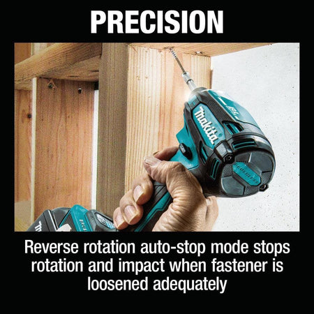 An application shot showing the Makita XDT19Z impact driver being used for precision woodworking, highlighting the reverse rotation auto-stop mode that prevents over-loosening of fasteners.