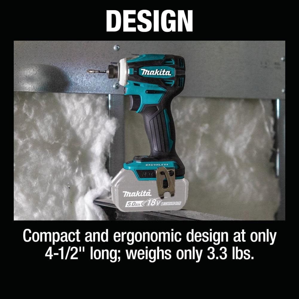 A side profile of the Makita XDT19Z impact driver resting on a metal frame, emphasizing its compact 4-1/2 inch length and lightweight 3.3 lbs design for reduced operator fatigue.