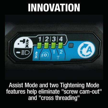 A close-up of the Makita XDT19Z control interface with text explaining how Assist Mode and Tightening Modes help eliminate screw cam-out and cross-threading during high-torque applications.