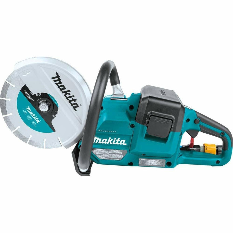 A side-profile studio image of the Makita XEC01Z 18V X2 LXT Brushless 9-inch Power Cutter with a diamond blade attached.