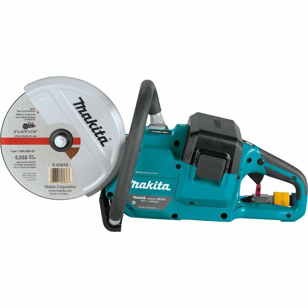A side view of the Makita XEC01Z power cutter with a cut-off wheel attached, showing the Makita logo, model number, and brushless motor label.