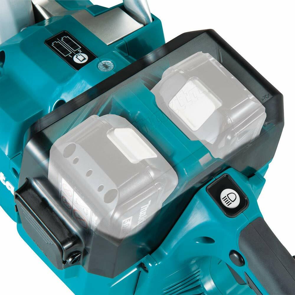 Makita_XEC01Z_18V_X2_LXT_Brushless_Cordless_9_Inch_Power_Cutter_Bare_Tool_with_AFT_and_Electric_Brake_3.jpg

A close-up view showing the protective battery compartment on the Makita XEC01Z power cutter, with two Makita 18V LXT batteries installed. The LED battery charge indicator button is visible below.