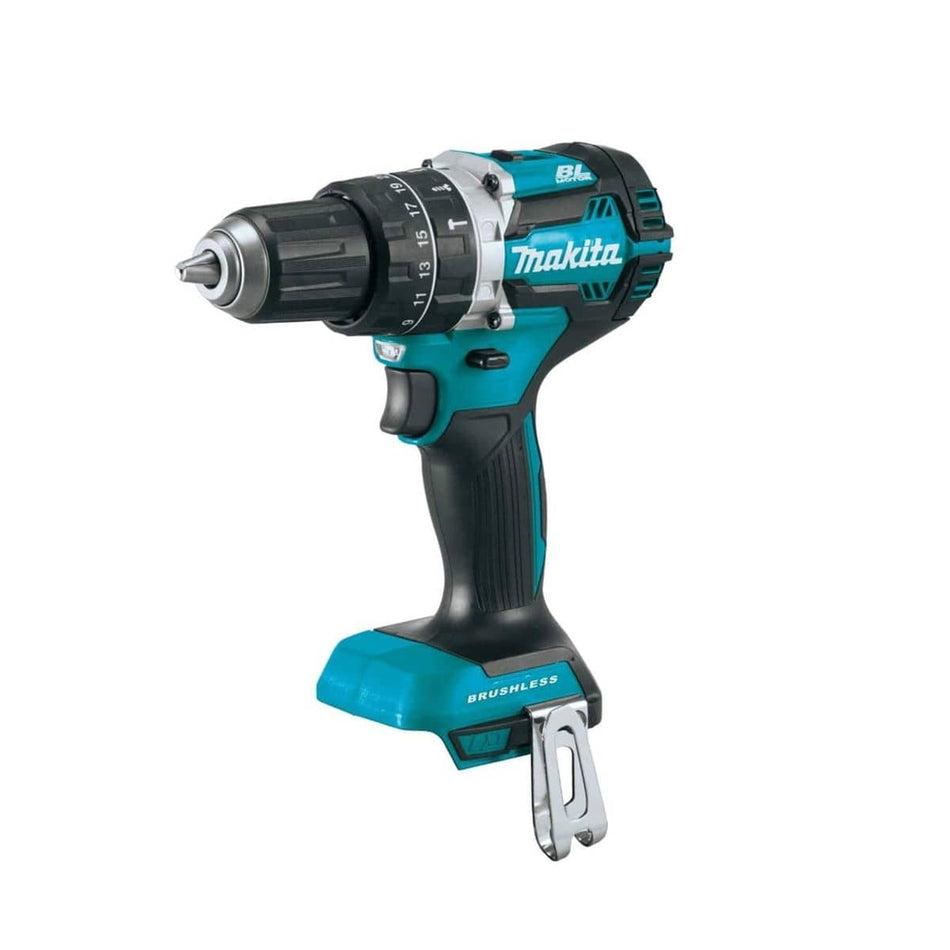 This cordless power tool has a sturdy handle and a rotating front part with numbers on it. It is teal and black and has the word "Makita" printed on its side.