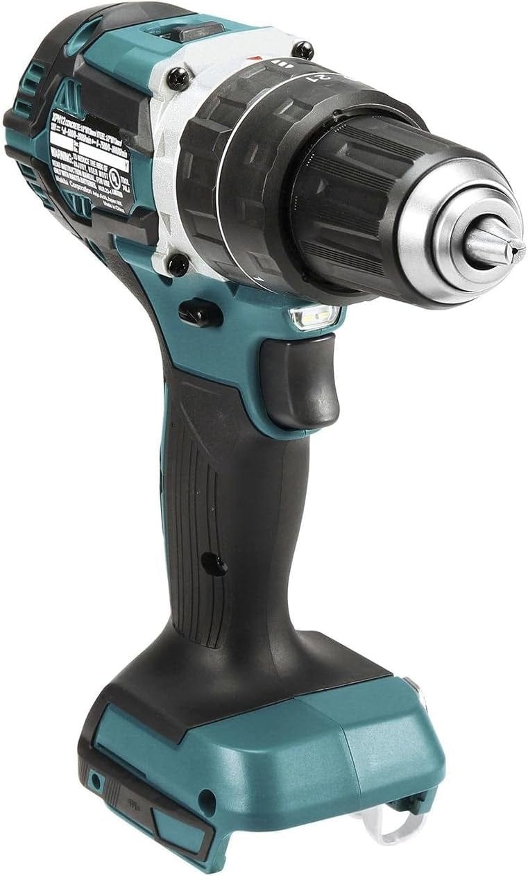 A close-up, angled view of the Makita XPH12Z 18V LXT brushless cordless 1/2-inch hammer driver-drill showcasing the teal and black compact design, keyless chuck, and integrated LED work light.