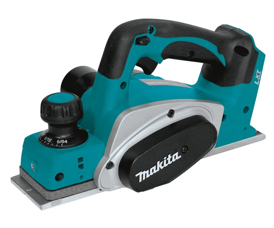 Studio angled view of the Makita 18V LXT cordless planer featuring a teal body, black rubberized handle, and depth adjustment knob.