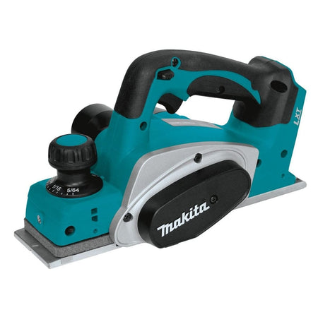 Studio angled view of the Makita 18V LXT cordless planer featuring a teal body, black rubberized handle, and depth adjustment knob.
