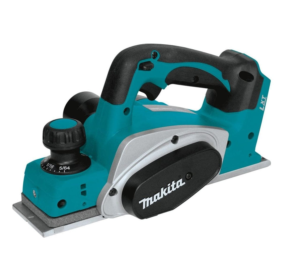 Studio angled view of the Makita 18V LXT cordless planer featuring a teal body, black rubberized handle, and depth adjustment knob.