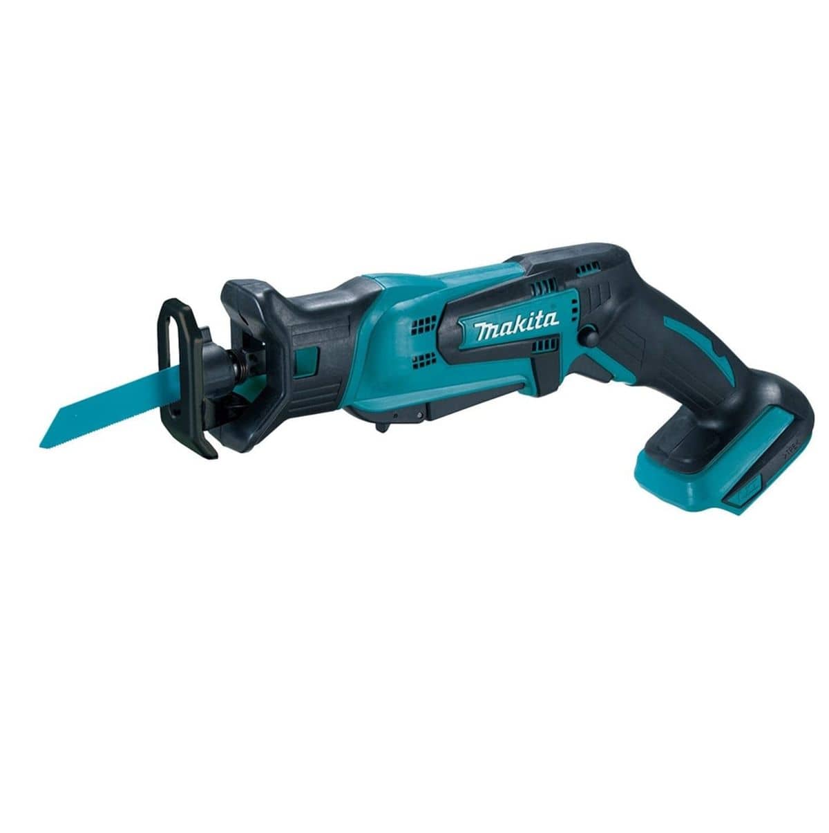 Side profile of the Makita XRJ01Z 18V LXT cordless compact reciprocating saw bare tool equipped with a blue metal cutting blade.
