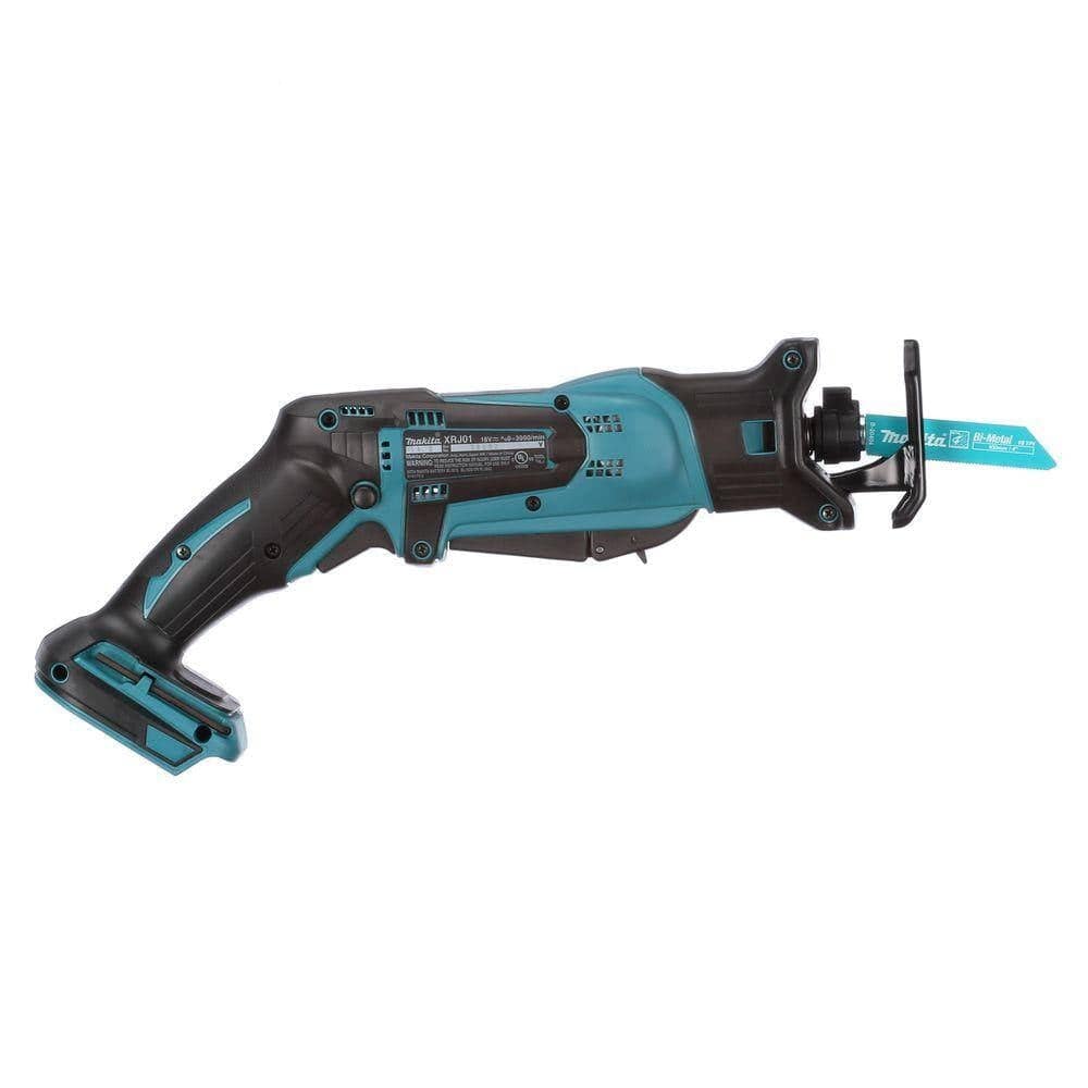 Top view of the Makita XRJ01Z 18V LXT cordless compact reciprocating saw bare tool showing the teal motor housing, vents, and a bi-metal demolition blade.
