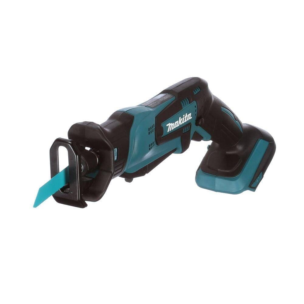 Angled rear view of the lightweight Makita XRJ01Z 18V cordless reciprocating saw showcasing the black rubberized ergonomic grip and front protective shoe.
