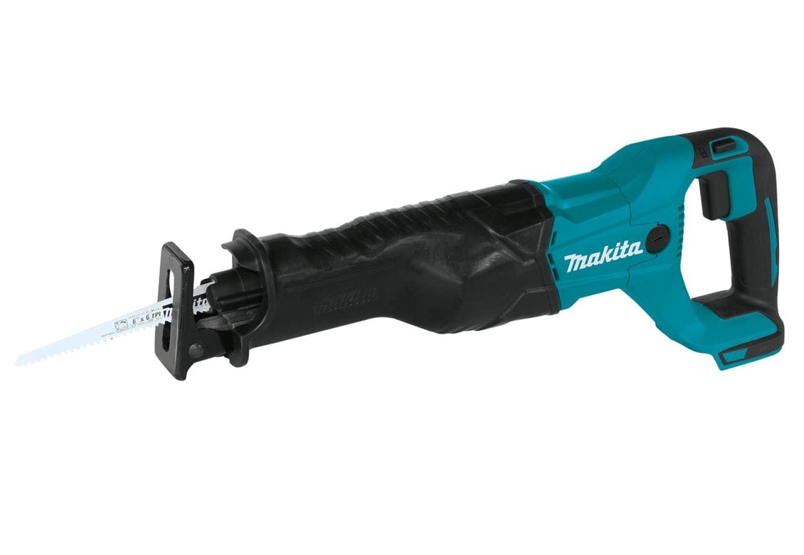 Angled side view of the teal and black Makita 18V cordless reciprocating saw with a white blade installed.