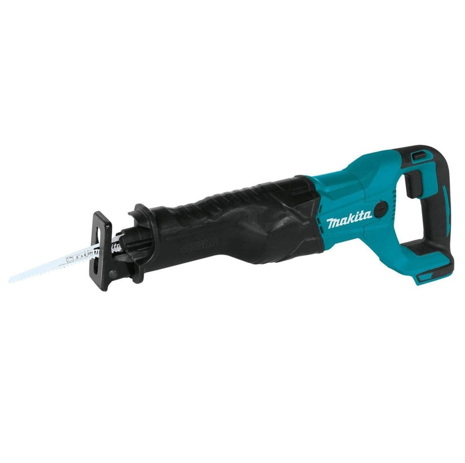 Angled side view of the teal and black Makita 18V cordless reciprocating saw with a white blade installed.