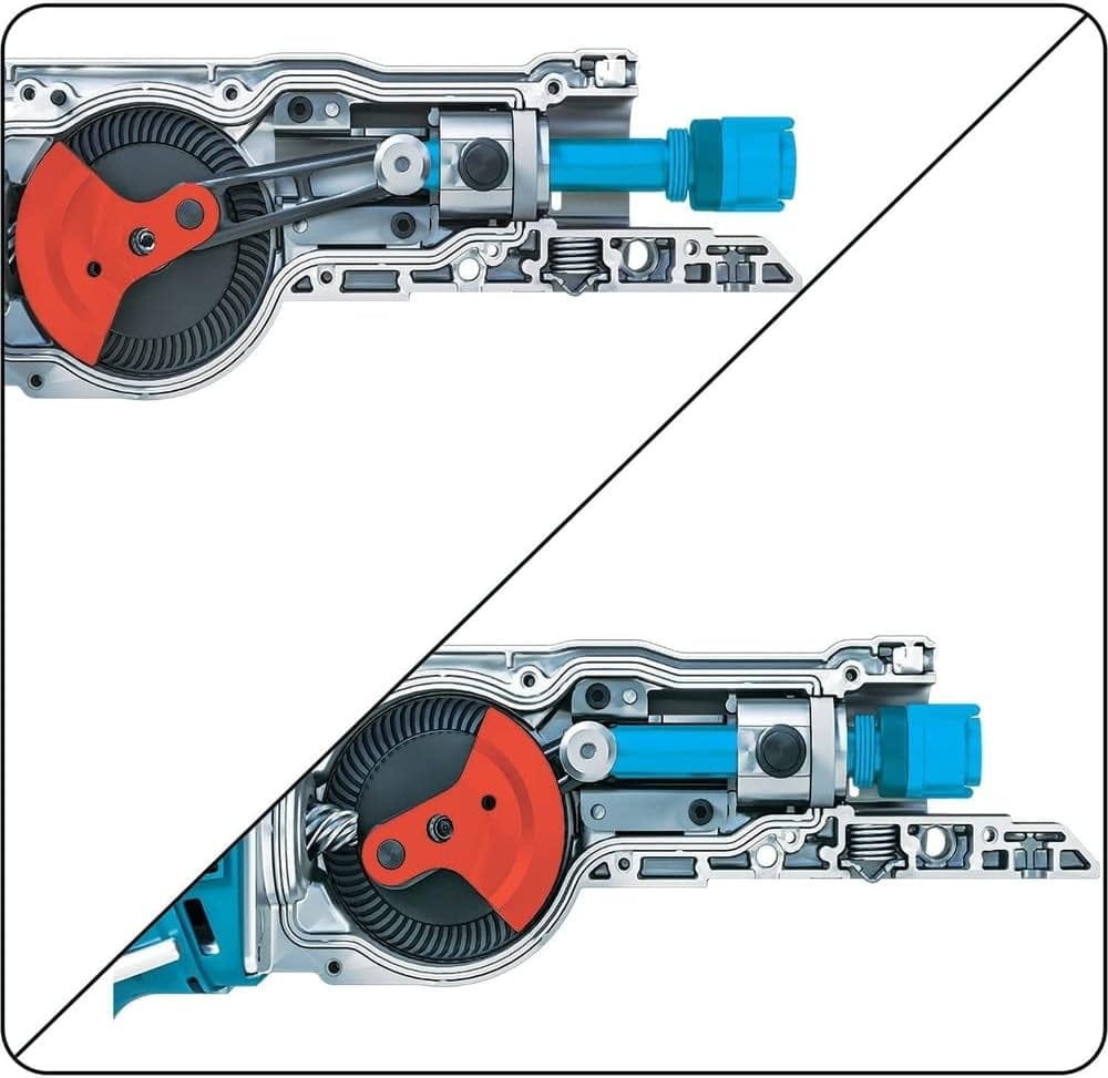 Technical cutaway illustration showing the internal brushed motor, gearing, and vertical crank mechanism designed to minimize blade deflection.
