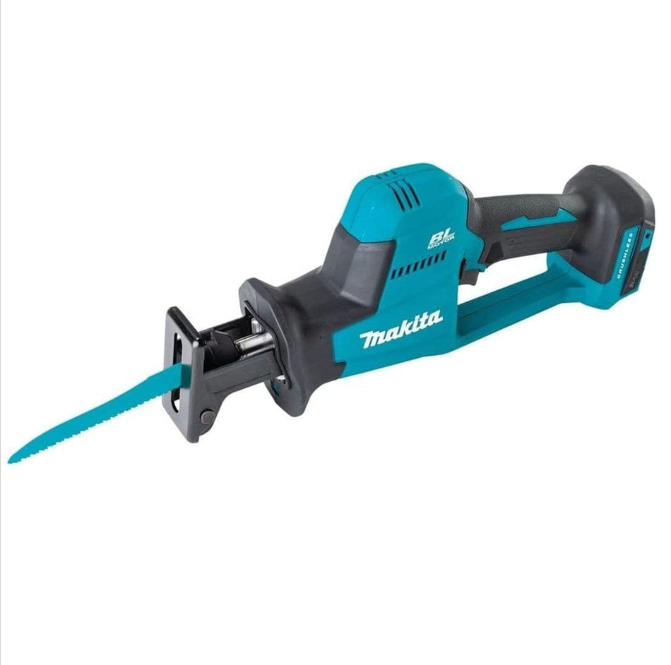 Studio view of the Makita XRJ08Z 18V LXT cordless compact one-handed reciprocating saw with a blue blade attached.