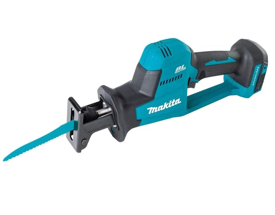 Studio view of the Makita XRJ08Z 18V LXT cordless compact one-handed reciprocating saw with a blue blade attached.