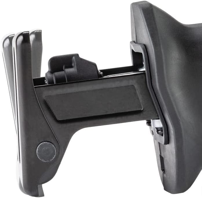 Close-up detail of the metal shoe plate pivoting mechanism on the front of the saw.