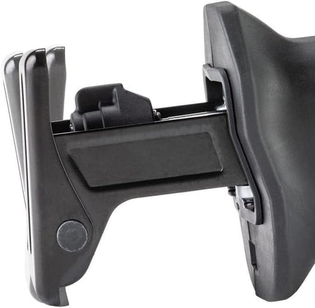 Close-up detail of the metal shoe plate pivoting mechanism on the front of the saw.