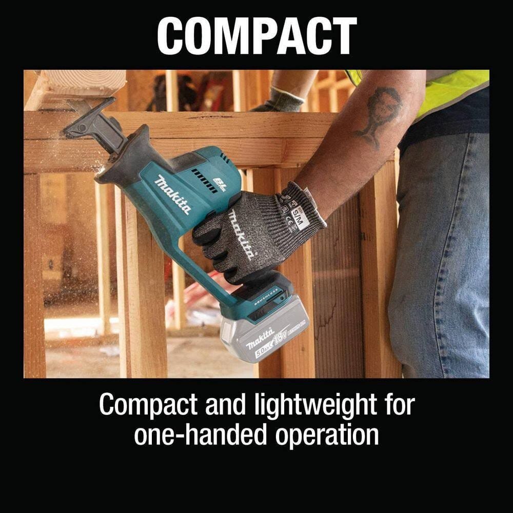 Action shot of a worker using the Makita compact reciprocating saw with one hand to cut a wooden stud in a tight framing space, captioned Compact and lightweight.