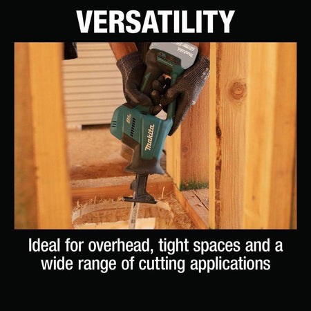 Close-up action shot of the saw cutting through the bottom of a wooden door frame, captioned Versatility Ideal for overhead, tight spaces and a wide range of cutting applications.