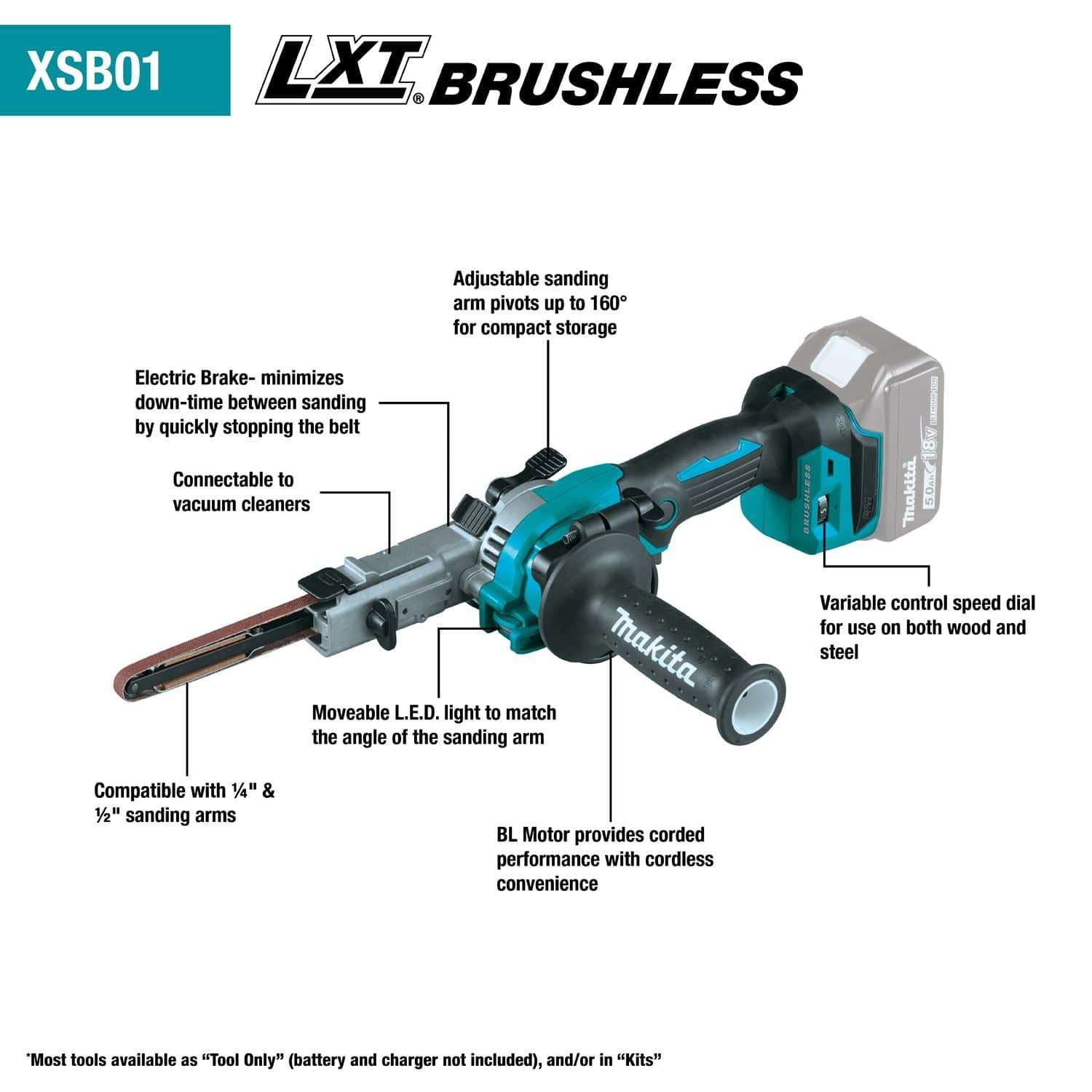 A features diagram of the Makita XSB01Z detail belt sander, pointing out the adjustable sanding arm, electric brake, vacuum connection port, movable LED light, variable speed dial, and brushless motor.