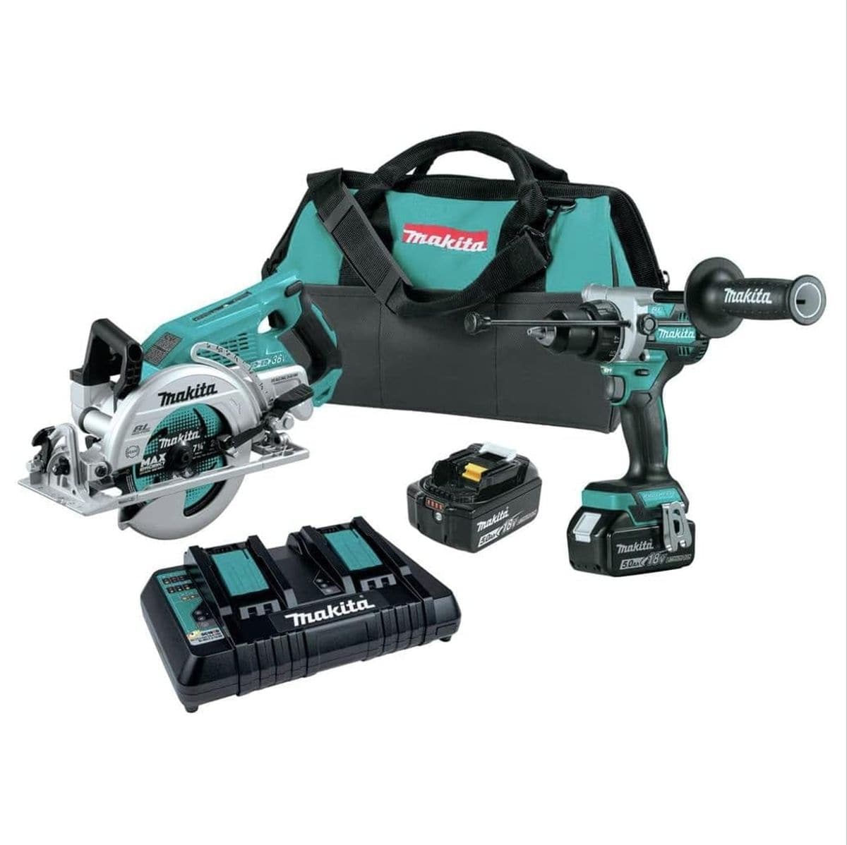 The Makita XT289PT 18V LXT Brushless 2-piece cordless combo kit featuring a heavy-duty hammer driver-drill, a 7-1/4 inch circular saw, two 5.0Ah batteries, a dual-port rapid charger, and a professional contractor tool bag.