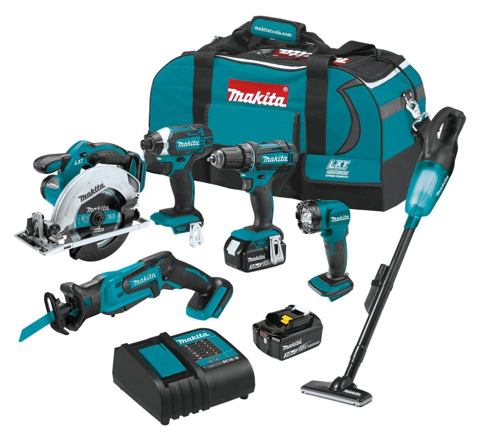 Studio group shot of the Makita XT614SX1 6-piece combo kit displaying the tool bag, circular saw, impact driver, driver-drill, LED flashlight, vacuum, reciprocating saw, charger, and batteries.