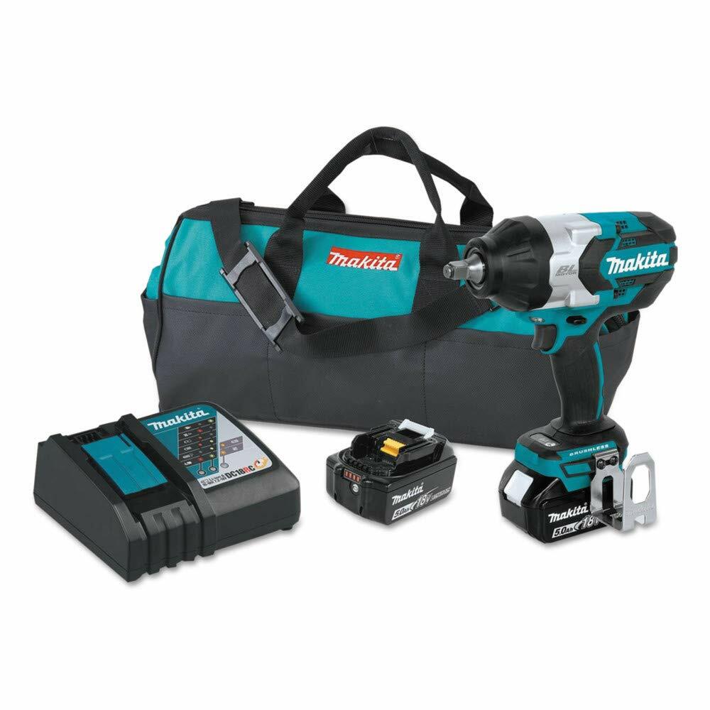 The complete Makita XWT08T impact wrench kit contents: the impact wrench with battery, a spare battery, the rapid charger, and the Makita tool bag.