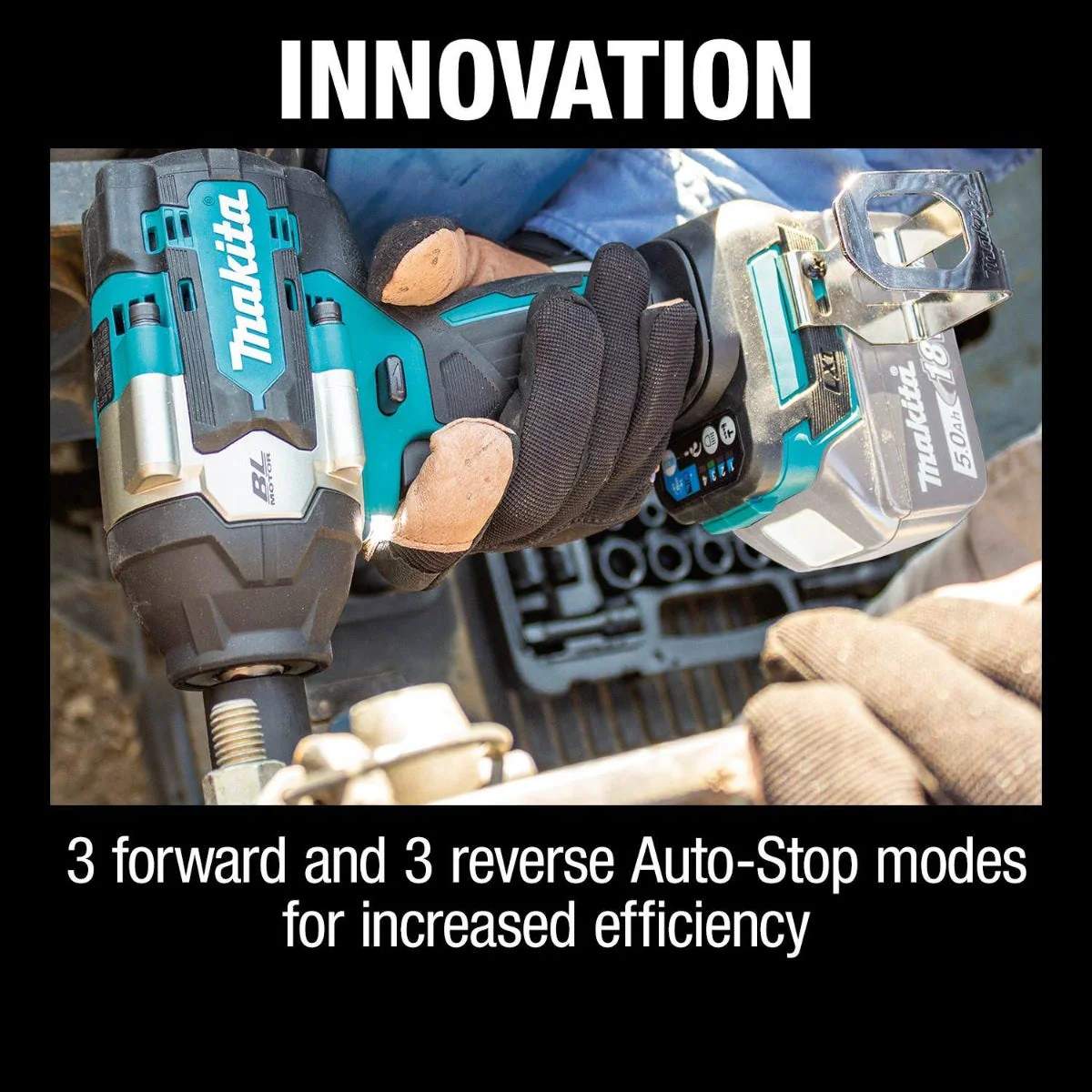 Gloved user operating Makita impact wrench near socket set; promotional text highlights auto-stop modes for efficiency