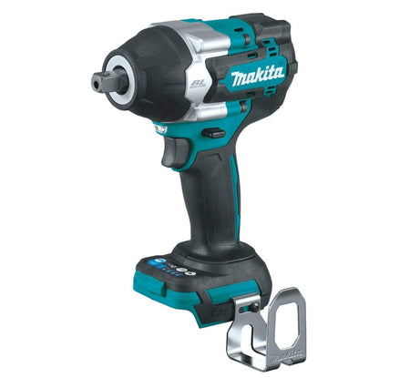Studio view of the Makita XWT18Z 18V LXT brushless cordless 4-speed mid-torque impact wrench featuring a 1/2 inch square drive detent anvil and belt hook.
