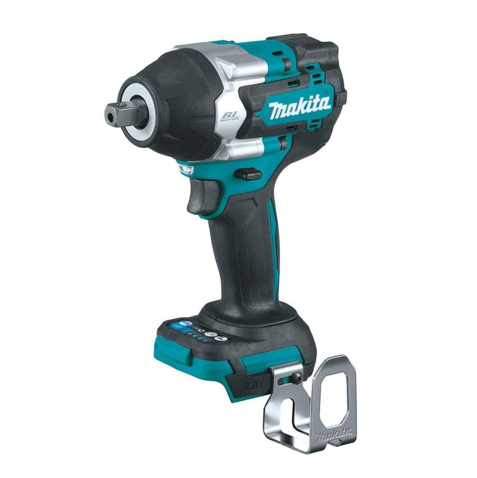 Studio view of the Makita XWT18Z 18V LXT brushless cordless 4-speed mid-torque impact wrench featuring a 1/2 inch square drive detent anvil and belt hook.