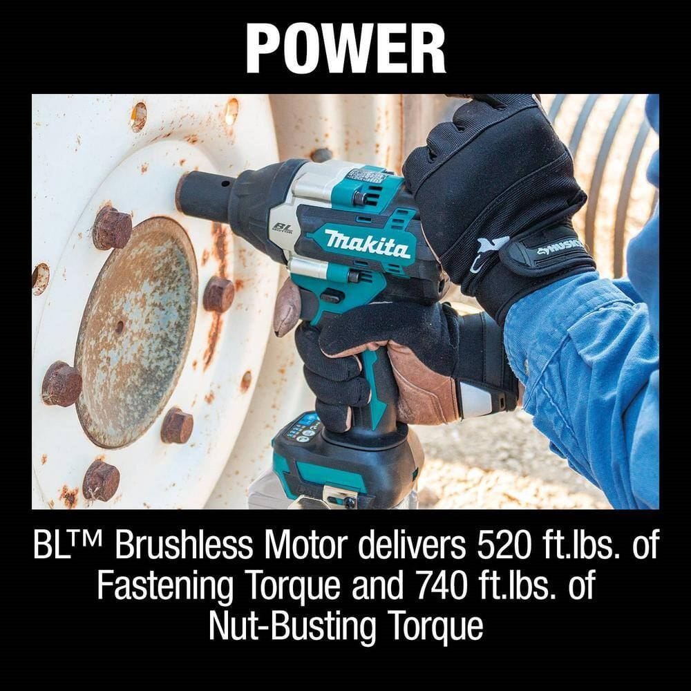 Action shot of a worker using the impact wrench on a large rusty industrial flange, captioned Power BL Brushless Motor delivers 520 ft.lbs. of Fastening Torque and 740 ft.lbs. of Nut-Busting Torque.