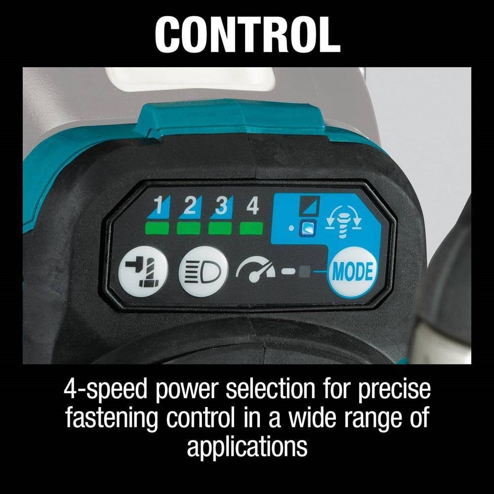 Close-up view of the digital control panel on the tool base, captioned Control 4-speed power selection for precise fastening control in a wide range of applications.
