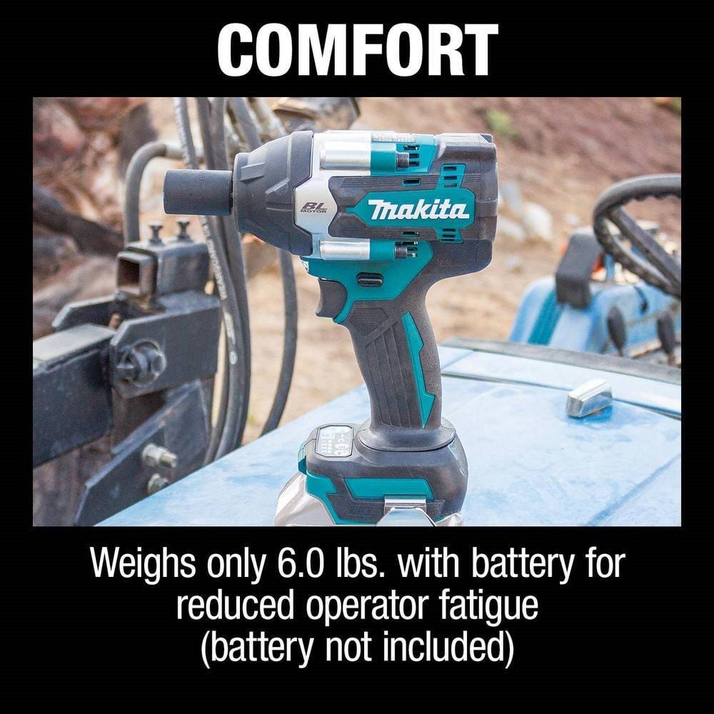 Outdoor shot of the impact wrench resting on a blue vehicle surface, captioned Comfort Weighs only 6.0 lbs. with battery for reduced operator fatigue.