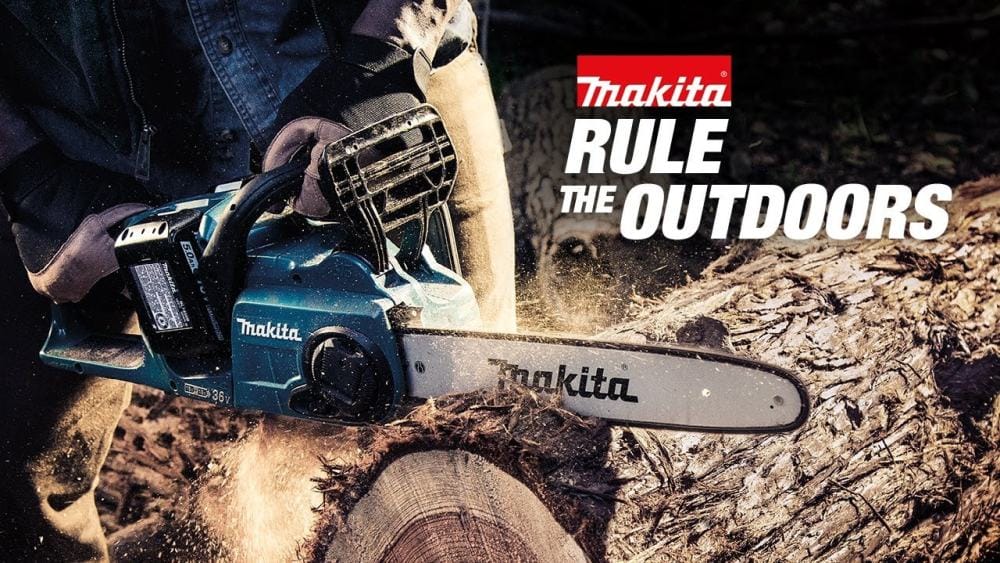 Makita chainsaw being used on a log with 'Rule the Outdoors' text in the background