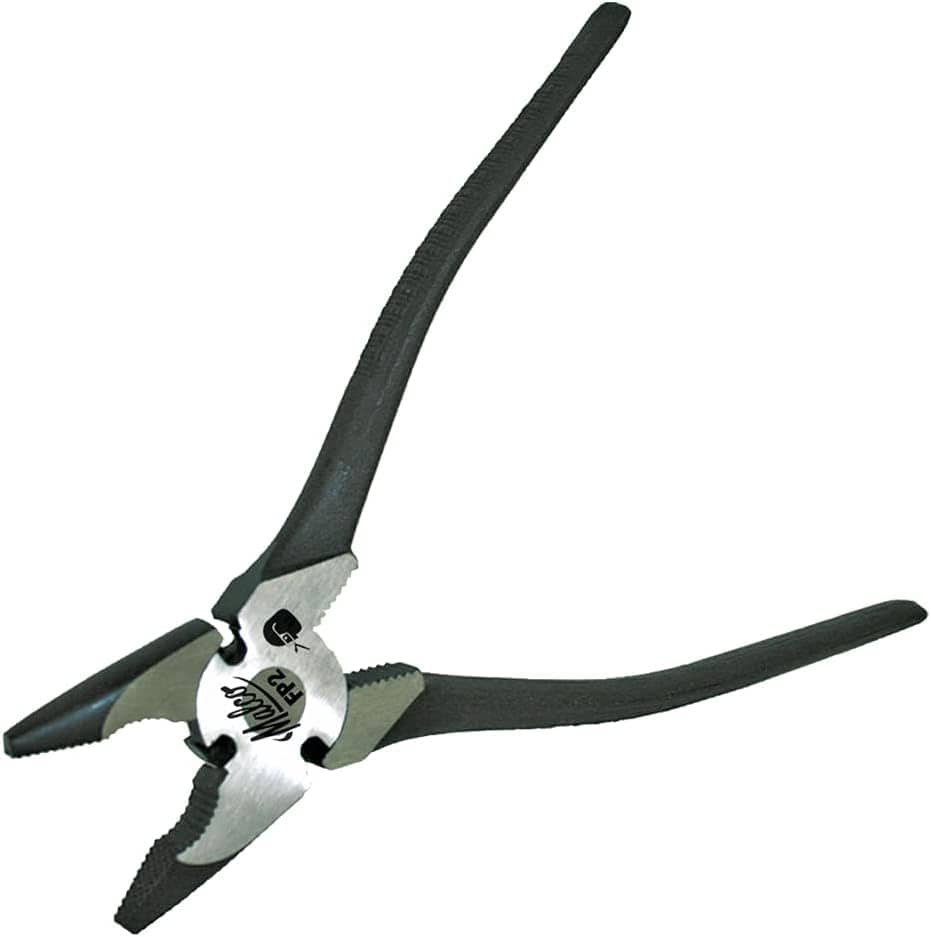 Malco FP2 10-inch fencing pliers featuring open serrated jaws and built-in wire cutters for pulling, gripping, and shearing 9-gauge fence wire.