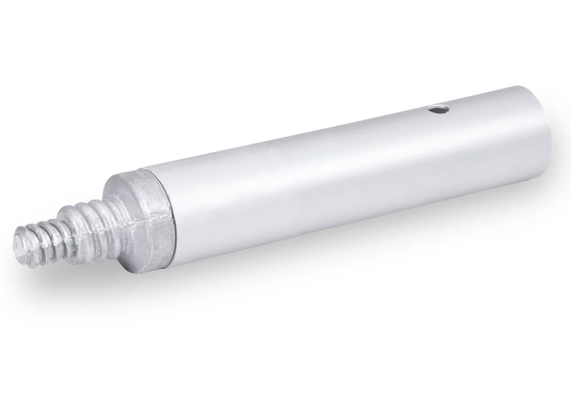 Angled view showing the aluminum tube body and the cast metal male threaded end for handle connection.