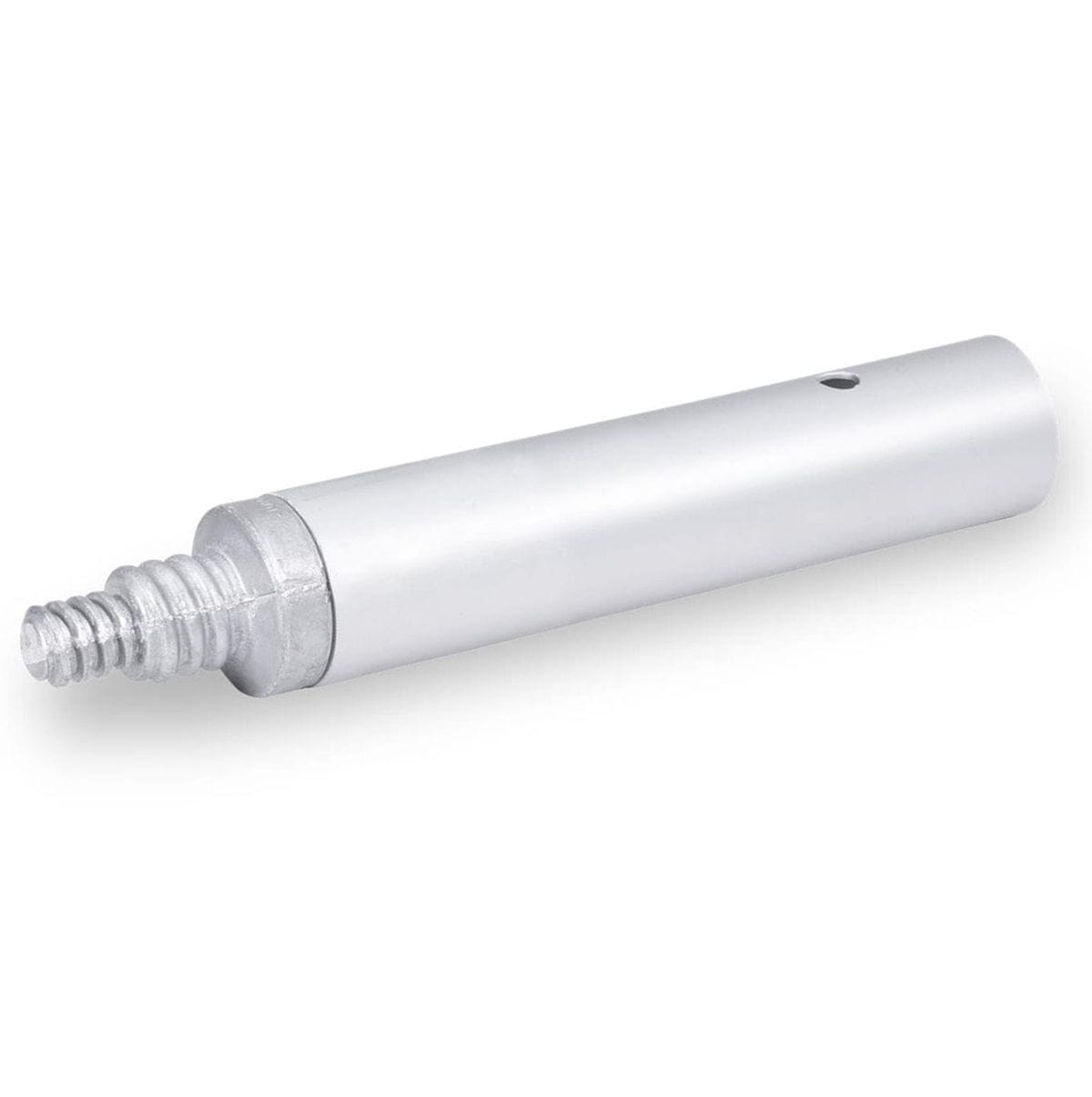 Angled view showing the aluminum tube body and the cast metal male threaded end for handle connection.