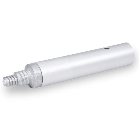 Angled view showing the aluminum tube body and the cast metal male threaded end for handle connection.