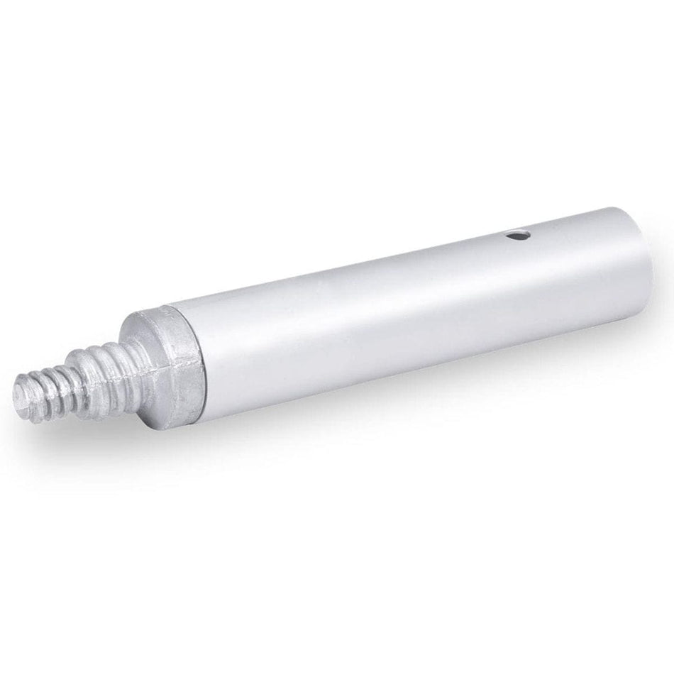 Angled view showing the aluminum tube body and the cast metal male threaded end for handle connection.